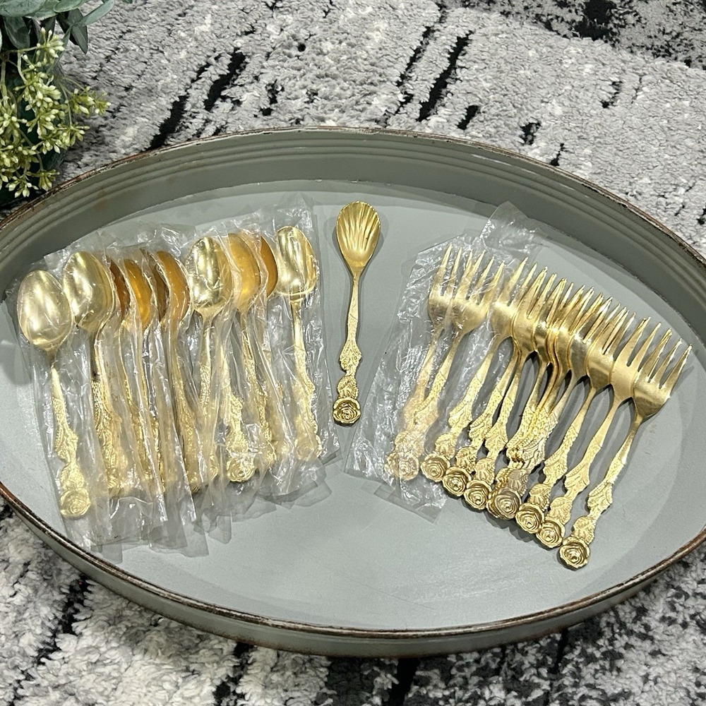 Vintage 25pc Gold Plated Rose Flatware Set Japan -Sugar Spoon- Forks- Spoons